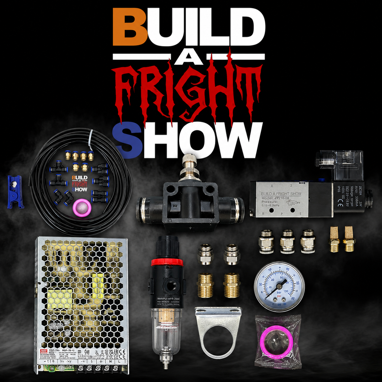 Build A Fright Show pneumatics kit components laid out